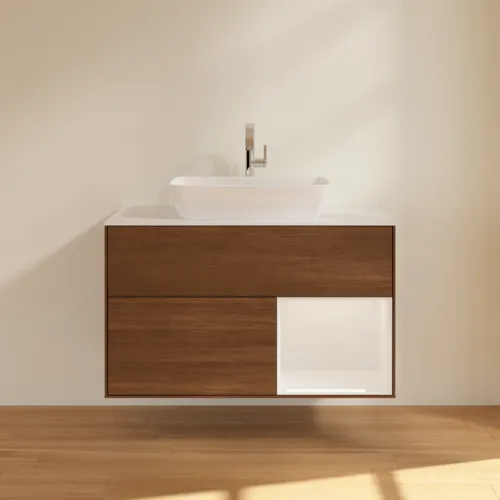 VILLEROY BOCH Toaletní stolek Finion, s osvětlením, 2 výsuvy, 1000 x 603 x 501 mm, ořechová dýha / lesklý bílý lak / sklo bílé matné #F781GFGN, obrázek 3