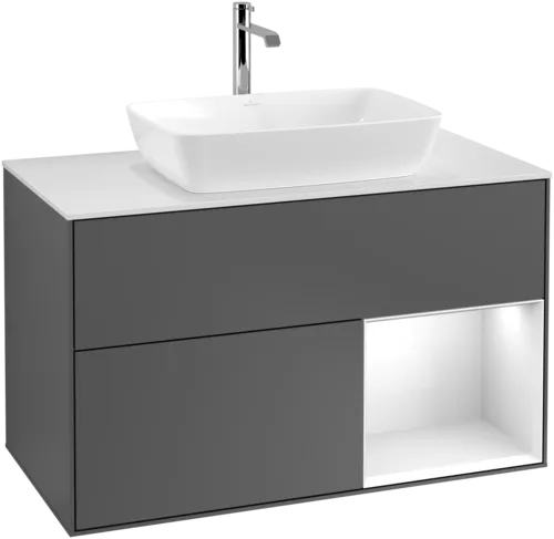 VILLEROY BOCH Toaletní skříňka Finion, s osvětlením, 2 výsuvy, 1000 x 603 x 501 mm, antracit matný lak / lesklý bílý lak / sklo bílé matné #F781GFGK