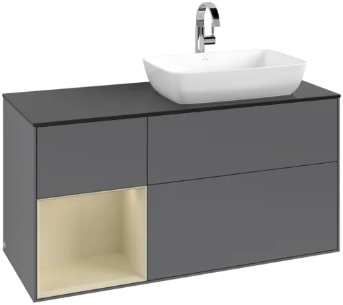 VILLEROY BOCH Toaletní skříňka Finion, s osvětlením, 3 výsuvy, 1200 x 603 x 501 mm, antracitový matný lak / hedvábně šedý matný lak / černé matné sklo #F802HJGK