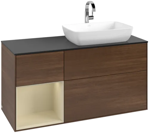 VILLEROY BOCH Toaletní skříňka Finion, s osvětlením, 3 výsuvy, 1200 x 603 x 501 mm, ořechová dýha / hedvábně šedý matný lak / sklo černé matné #F802HJGN
