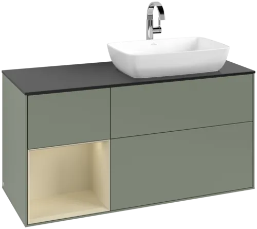 VILLEROY BOCH Toaletní skříňka Finion, s osvětlením, 3 výsuvy, 1200 x 603 x 501 mm, olivový matný lak / hedvábně šedý matný lak / černé matné sklo #F802HJGM