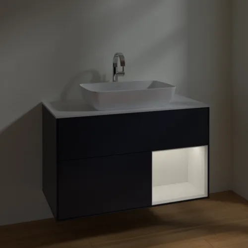 VILLEROY BOCH Toaletní skříňka Finion, s osvětlením, 2 výsuvy, 1000 x 603 x 501 mm, Midnight Blue Matt Lacquer / Glossy White Lacquer / Glass White Matt #F781GFHG, obrázek 5