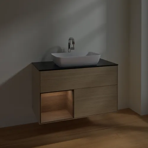 VILLEROY BOCH Toaletní stolek Finion, s osvětlením, 2 výsuvy, 1000 x 603 x 501 mm, dubová dýha / ořechová dýha / sklo černé matné #F772GNPC, obrázek 5