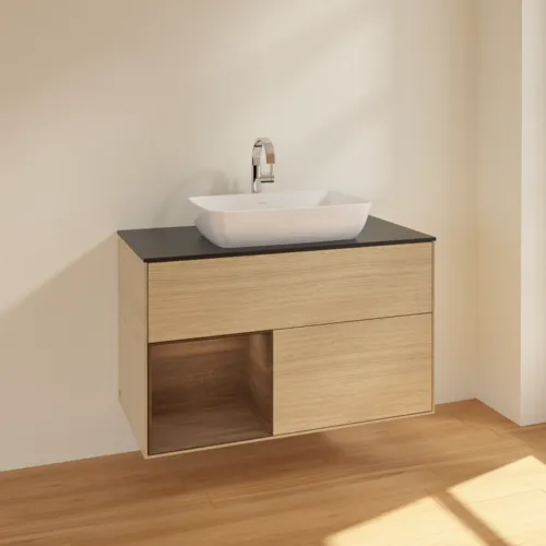 VILLEROY BOCH Toaletní stolek Finion, s osvětlením, 2 výsuvy, 1000 x 603 x 501 mm, dubová dýha / ořechová dýha / sklo černé matné #F772GNPC, obrázek 2