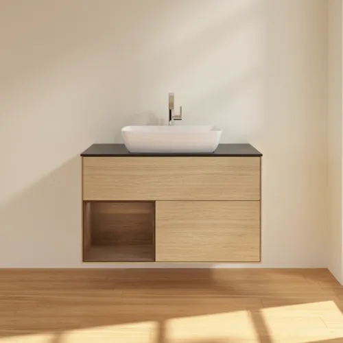 VILLEROY BOCH Toaletní stolek Finion, s osvětlením, 2 výsuvy, 1000 x 603 x 501 mm, dubová dýha / ořechová dýha / sklo černé matné #F772GNPC, obrázek 3