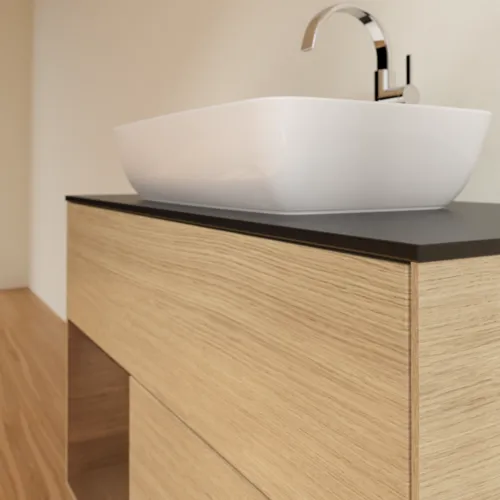 VILLEROY BOCH Toaletní stolek Finion, s osvětlením, 2 výsuvy, 1000 x 603 x 501 mm, dubová dýha / ořechová dýha / sklo černé matné #F772GNPC, obrázek 6