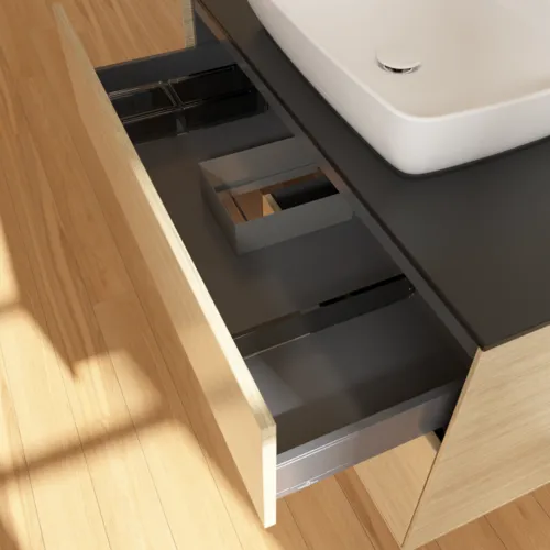 VILLEROY BOCH Toaletní stolek Finion, s osvětlením, 2 výsuvy, 1000 x 603 x 501 mm, dubová dýha / ořechová dýha / sklo černé matné #F772GNPC, obrázek 8