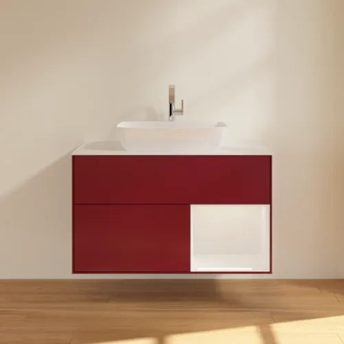 VILLEROY BOCH Toaletní skříňka Finion, s osvětlením, 2 výsuvy, 1000 x 603 x 501 mm, Pivoňka matný lak / lesklý bílý lak / sklo bílé matné #F781GFHB, obrázek 3