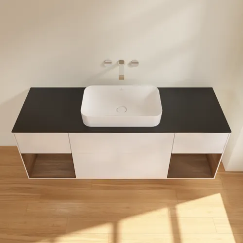 VILLEROY BOCH Toaletní skříňka Finion, s osvětlením, 4 výsuvy, 1600 x 603 x 501 mm, lesklý bílý lak / ořechová dýha / černé matné sklo #F742GNGF, obrázek 4