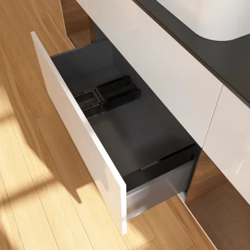 VILLEROY BOCH Toaletní skříňka Finion, s osvětlením, 4 výsuvy, 1600 x 603 x 501 mm, lesklý bílý lak / ořechová dýha / černé matné sklo #F742GNGF, obrázek 7