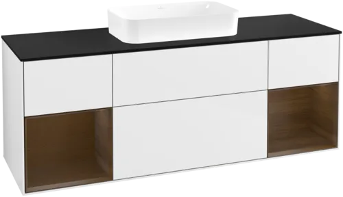 VILLEROY BOCH Toaletní skříňka Finion, s osvětlením, 4 výsuvy, 1600 x 603 x 501 mm, lesklý bílý lak / ořechová dýha / černé matné sklo #F742GNGF