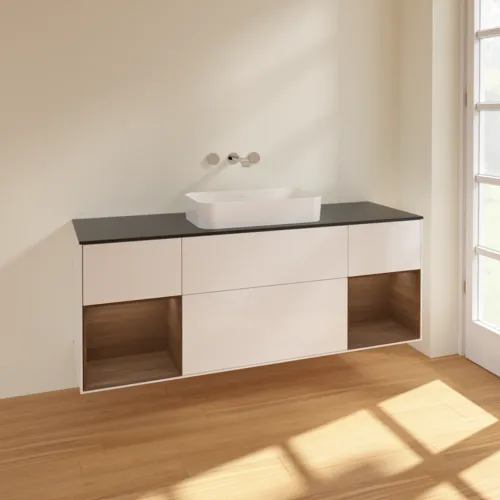 VILLEROY BOCH Toaletní skříňka Finion, s osvětlením, 4 výsuvy, 1600 x 603 x 501 mm, lesklý bílý lak / ořechová dýha / černé matné sklo #F742GNGF, obrázek 2