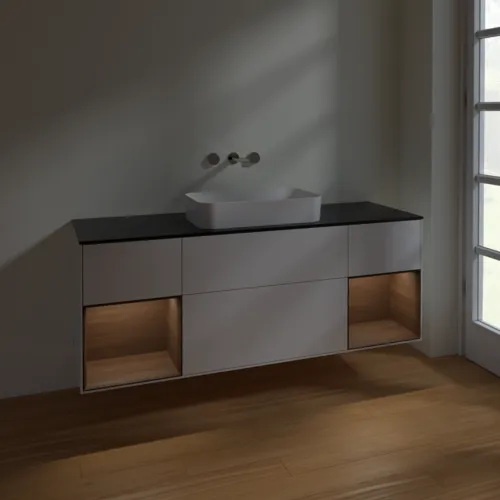 VILLEROY BOCH Toaletní skříňka Finion, s osvětlením, 4 výsuvy, 1600 x 603 x 501 mm, lesklý bílý lak / ořechová dýha / černé matné sklo #F742GNGF, obrázek 5