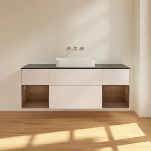 VILLEROY BOCH Toaletní skříňka Finion, s osvětlením, 4 výsuvy, 1600 x 603 x 501 mm, lesklý bílý lak / ořechová dýha / černé matné sklo #F742GNGF, obrázek 3