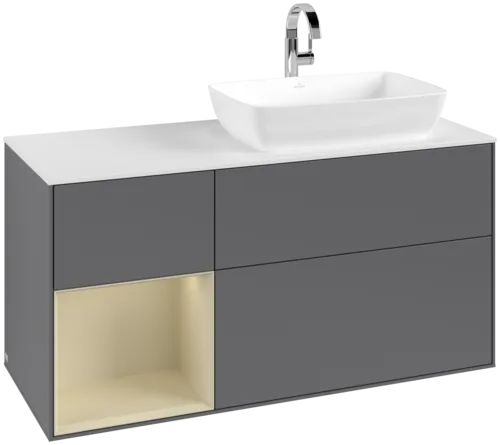 VILLEROY BOCH Toaletní skříňka Finion, s osvětlením, 3 výsuvy, 1200 x 603 x 501 mm, antracitový matný lak / hedvábně šedý matný lak / bílé matné sklo #F801HJGK