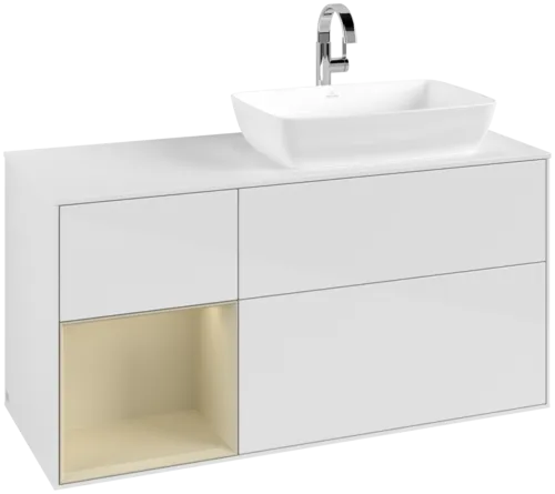 VILLEROY BOCH Toaletní skříňka Finion, s osvětlením, 3 výsuvy, 1200 x 603 x 501 mm, lesklý bílý lak / hedvábně šedý matný lak / bílé matné sklo #F801HJGF