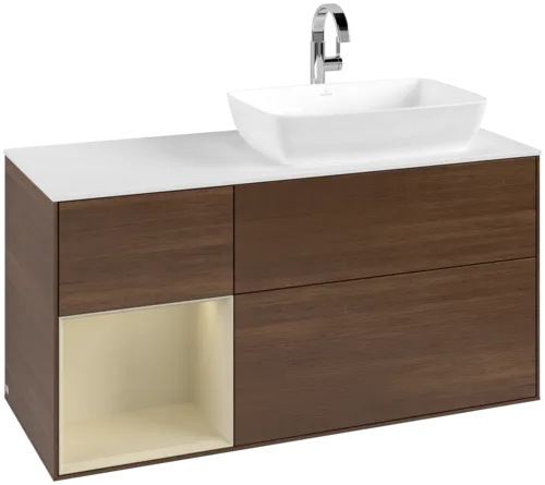 VILLEROY BOCH Toaletní skříňka Finion, s osvětlením, 3 výsuvy, 1200 x 603 x 501 mm, ořechová dýha / hedvábně šedý matný lak / sklo bílé matné #F801HJGN