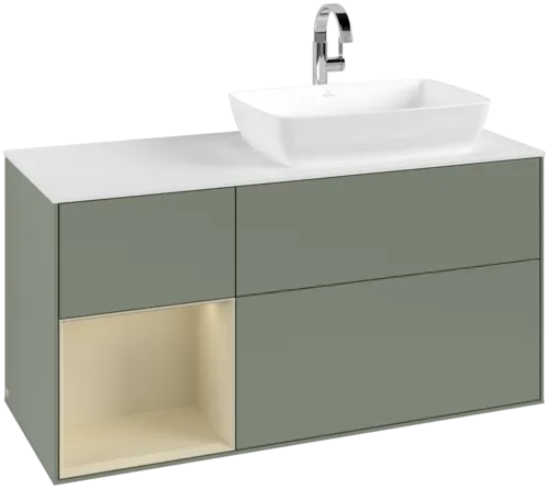 VILLEROY BOCH Toaletní skříňka Finion, s osvětlením, 3 výsuvy, 1200 x 603 x 501 mm, olivový matný lak / hedvábně šedý matný lak / bílé matné sklo #F801HJGM
