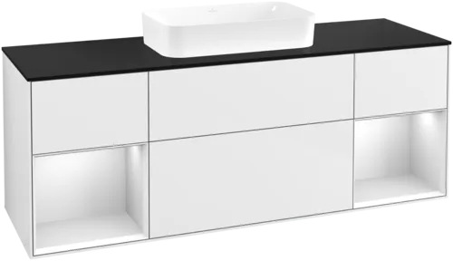 VILLEROY BOCH Toaletní skříňka Finion, s osvětlením, 4 výsuvy, 1600 x 603 x 501 mm, lesklý bílý lak / bílý matný lak / sklo černé matné #F742MTGF