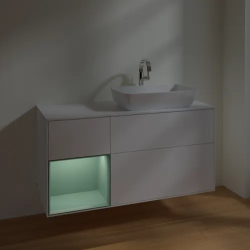VILLEROY BOCH Toaletní skříňka Finion, s osvětlením, 3 výsuvy, 1200 x 603 x 501 mm, bílý matný lak / olivový matný lak / sklo bílé matné #F801GMMT, obrázek 5