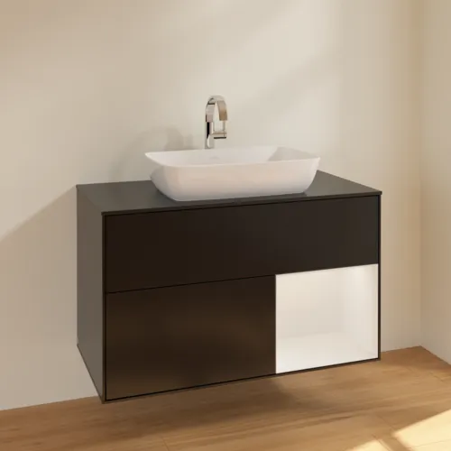 VILLEROY BOCH Umyvadlová skříňka Finion, s osvětlením, 2 výsuvy, 1000 x 603 x 501 mm, černý matný lak / lesklý bílý lak / černé matné sklo #F782GFPD, obrázek 2