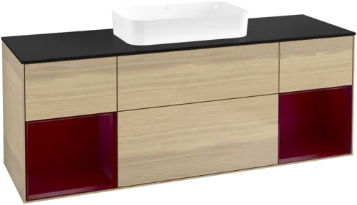 VILLEROY BOCH Toaletní skříňka Finion, s osvětlením, 4 výsuvy, 1600 x 603 x 501 mm, dubová dýha / matný lak Pivoňka / matné černé sklo #F742HBPC