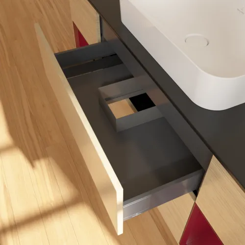 VILLEROY BOCH Toaletní skříňka Finion, s osvětlením, 4 výsuvy, 1600 x 603 x 501 mm, dubová dýha / matný lak Pivoňka / matné černé sklo #F742HBPC, obrázek 8