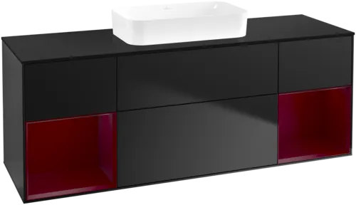 VILLEROY BOCH Toaletní skříňka Finion, s osvětlením, 4 výsuvy, 1600 x 603 x 501 mm, černý matný lak / pivoňkový matný lak / černé matné sklo #F742HBPD