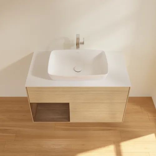 VILLEROY BOCH Umyvadlová skříňka Finion, s osvětlením, 2 výsuvy, 1000 x 603 x 501 mm, dubová dýha / ořechová dýha / sklo bílé matné #F771GNPC, obrázek 4
