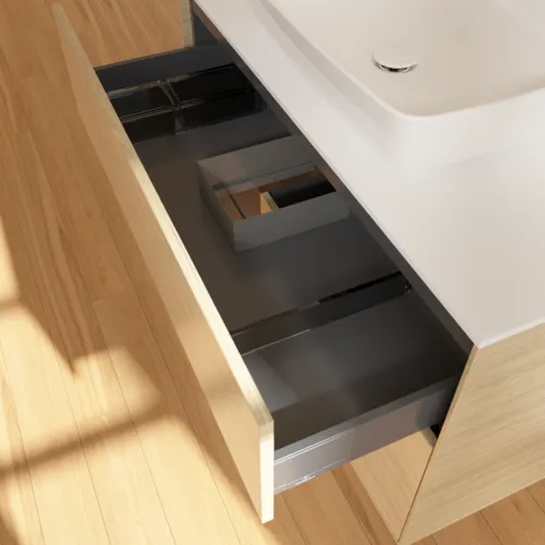VILLEROY BOCH Umyvadlová skříňka Finion, s osvětlením, 2 výsuvy, 1000 x 603 x 501 mm, dubová dýha / ořechová dýha / sklo bílé matné #F771GNPC, obrázek 8