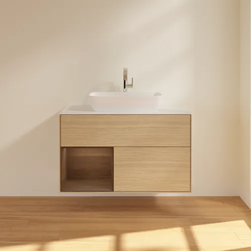 VILLEROY BOCH Umyvadlová skříňka Finion, s osvětlením, 2 výsuvy, 1000 x 603 x 501 mm, dubová dýha / ořechová dýha / sklo bílé matné #F771GNPC, obrázek 3