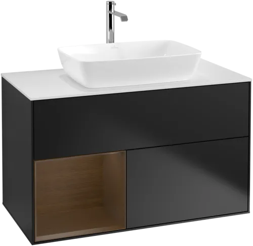 VILLEROY BOCH Toaletní skříňka Finion, s osvětlením, 2 výsuvy, 1000 x 603 x 501 mm, černý matný lak / ořechová dýha / sklo bílé matné #F771GNPD