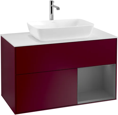 VILLEROY BOCH Toaletní skříňka Finion, s osvětlením, 2 výsuvy, 1000 x 603 x 501 mm, Pivoňka matný lak / Antracit matný lak / Sklo bílé matné #F781GKHB