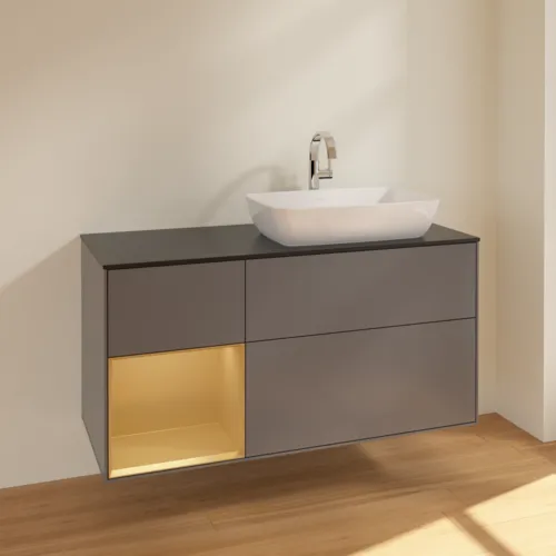 VILLEROY BOCH Toaletní skříňka Finion, s osvětlením, 3 výsuvy, 1200 x 603 x 501 mm, antracit matný lak / zlatý matný lak / černé matné sklo #F802HFGK, obrázek 2