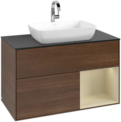 VILLEROY BOCH Toaletní stolek Finion, s osvětlením, 2 výsuvy, 1000 x 603 x 501 mm, ořechová dýha / hedvábně šedý matný lak / sklo černé matné #F782HJGN