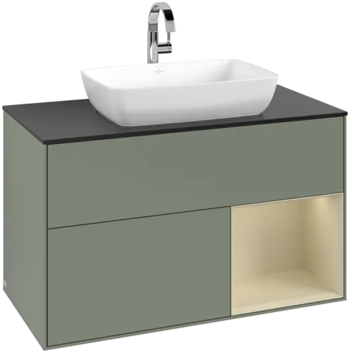 VILLEROY BOCH Toaletní skříňka Finion, s osvětlením, 2 výsuvy, 1000 x 603 x 501 mm, olivový matný lak / hedvábně šedý matný lak / černé matné sklo #F782HJGM