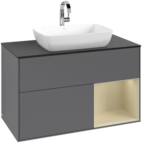 VILLEROY BOCH Toaletní skříňka Finion, s osvětlením, 2 výsuvy, 1000 x 603 x 501 mm, antracitový matný lak / hedvábně šedý matný lak / černé matné sklo #F782HJGK