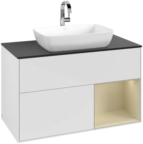 VILLEROY BOCH Toaletní skříňka Finion, s osvětlením, 2 výsuvy, 1000 x 603 x 501 mm, lesklý bílý lak / hedvábně šedý matný lak / černé matné sklo #F782HJGF