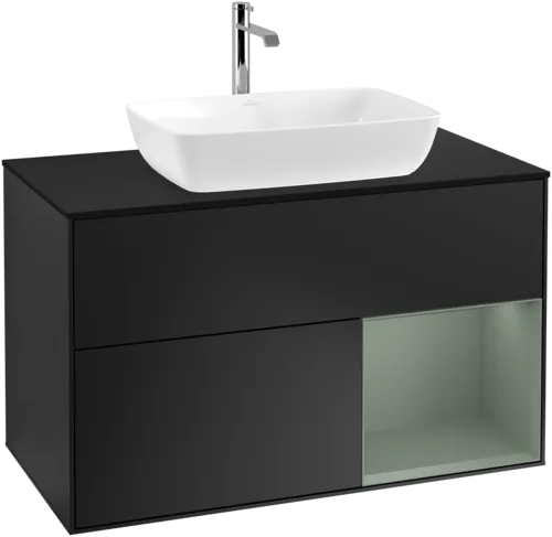 VILLEROY BOCH Toaletní skříňka Finion, s osvětlením, 2 výsuvy, 1000 x 603 x 501 mm, černý matný lak / olivový matný lak / černé matné sklo #F782GMPD, obrázek 1