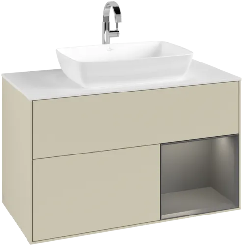 VILLEROY BOCH Toaletní skříňka Finion, s osvětlením, 2 výsuvy, 1000 x 603 x 501 mm, hedvábně šedý matný lak / antracitový matný lak / bílé matné sklo #F781GKHJ