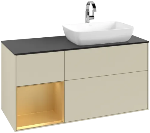 VILLEROY BOCH Toaletní skříňka Finion, s osvětlením, 3 výsuvy, 1200 x 603 x 501 mm, Silk Grey Matt Lacquer / Gold Matt Lacquer / Glass Black Matt #F802HFHJ