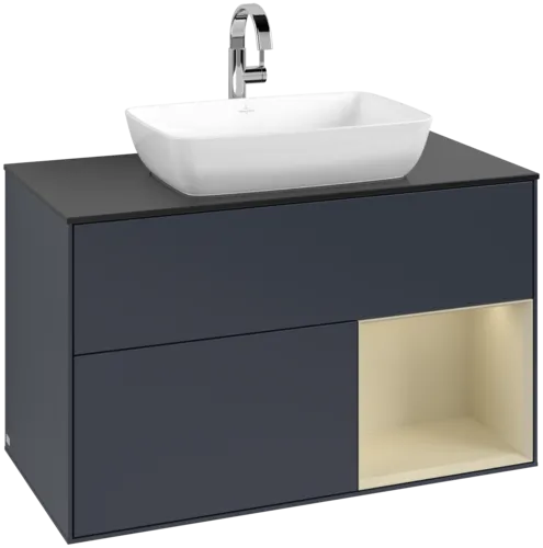 VILLEROY BOCH Toaletní skříňka Finion, s osvětlením, 2 výsuvy, 1000 x 603 x 501 mm, Midnight Blue Matt Lacquer / Silk Grey Matt Lacquer / Glass Black Matt #F782HJHG