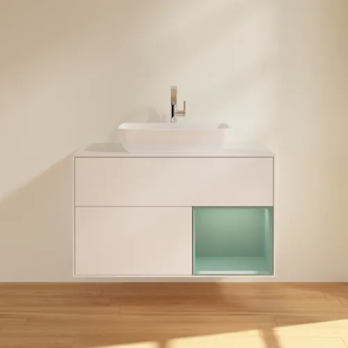 VILLEROY BOCH Toaletní skříňka Finion, s osvětlením, 2 výsuvy, 1000 x 603 x 501 mm, bílý matný lak / olivový matný lak / bílé matné sklo #F781GMMT, obrázek 3