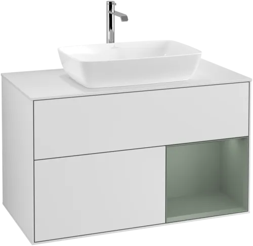 VILLEROY BOCH Toaletní skříňka Finion, s osvětlením, 2 výsuvy, 1000 x 603 x 501 mm, bílý matný lak / olivový matný lak / bílé matné sklo #F781GMMT