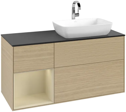 VILLEROY BOCH Toaletní skříňka Finion, s osvětlením, 3 výsuvy, 1200 x 603 x 501 mm, dubová dýha / hedvábně šedý matný lak / sklo černé matné #F802HJPC