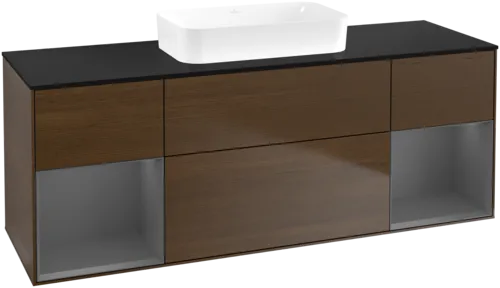 VILLEROY BOCH Toaletní skříňka Finion, s osvětlením, 4 výsuvy, 1600 x 603 x 501 mm, ořechová dýha / antracitový matný lak / černé matné sklo #F742GKGN