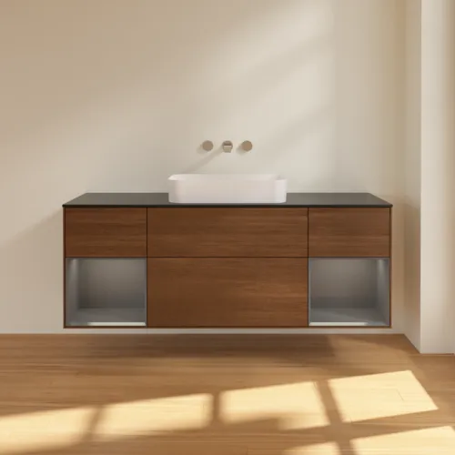 VILLEROY BOCH Toaletní skříňka Finion, s osvětlením, 4 výsuvy, 1600 x 603 x 501 mm, ořechová dýha / antracitový matný lak / černé matné sklo #F742GKGN, obrázek 3