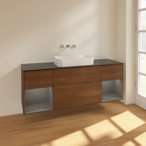 VILLEROY BOCH Toaletní skříňka Finion, s osvětlením, 4 výsuvy, 1600 x 603 x 501 mm, ořechová dýha / antracitový matný lak / černé matné sklo #F742GKGN, obrázek 2