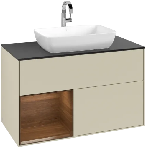 VILLEROY BOCH Toaletní skříňka Finion, s osvětlením, 2 výsuvy, 1000 x 603 x 501 mm, hedvábně šedý matný lak / ořechová dýha / černé matné sklo #F772GNHJ