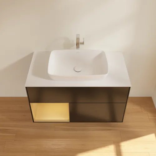 VILLEROY BOCH Toaletní skříňka Finion, s osvětlením, 2 výsuvy, 1000 x 603 x 501 mm, černý matný lak / zlatý matný lak / bílé matné sklo #F771HFPD, obrázek 4